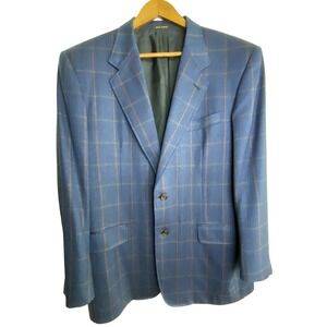 Mabrouomo Mens Blue Windowpane Check Super 100s Wool Blazer Made in Italy 44-46R